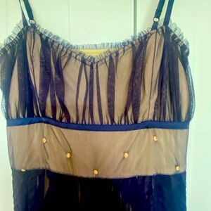 Blue lace with tan lining cocktail dress